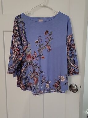 Chico's Bohemian Paisley Boatneck Shirt 3/4 Sleeve SZ L/Chico's SZ 2